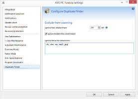 Showing the AVG PC Tuneup settings fot the Duplicate Finder module